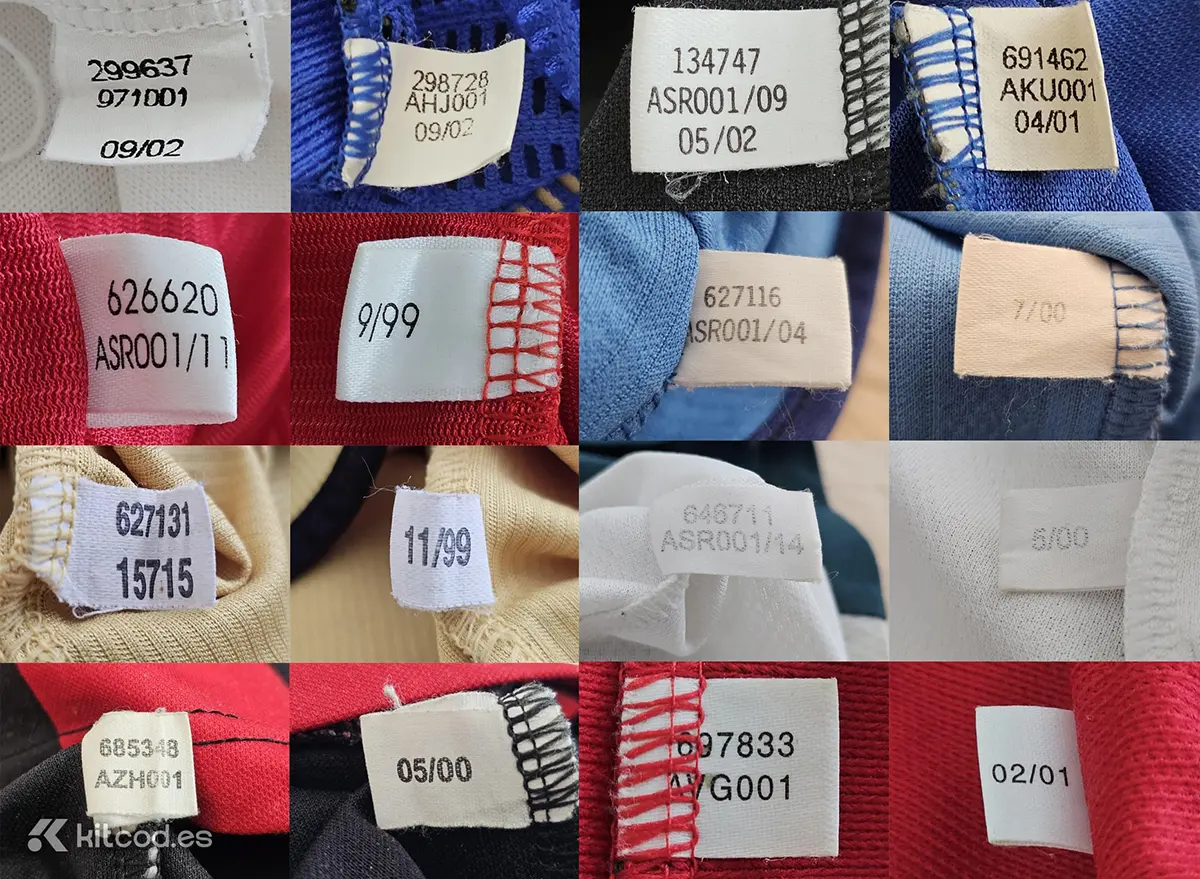 Adidas early product code label format from 1999-2002 showing different layout variations