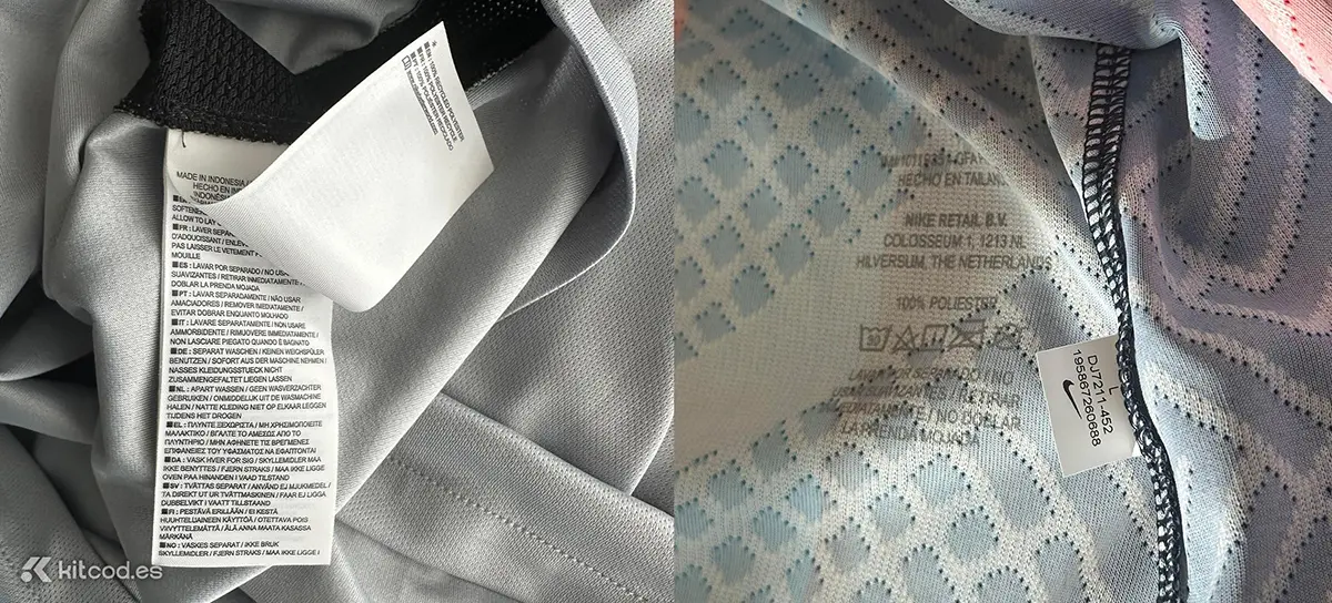 Nike care label sewn into inner side seam showing washing instructions manufacturing country and fabric composition